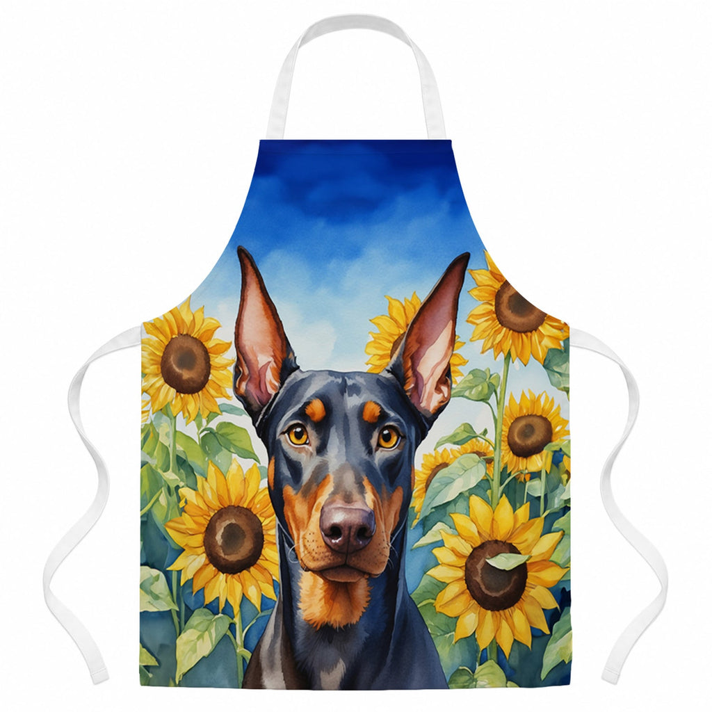 Doberman Pinscher in Sunflowers Apron Cooking Kitchen Server Baking Crafts Gardening for Adult Women Men, Unisex, Large, Multicolor