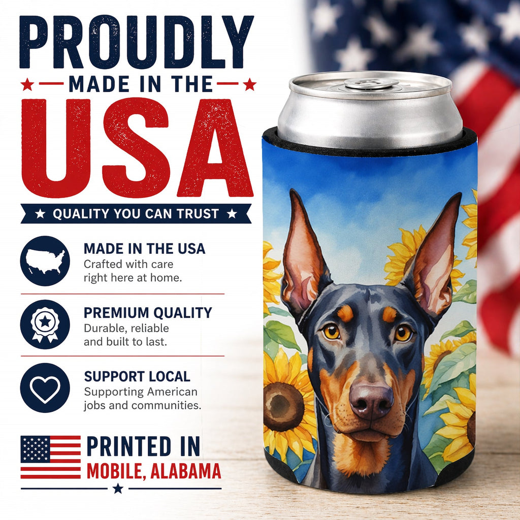 Doberman Pinscher in Sunflowers Can or Bottle Hugger Cooler Sleeve for Standard 12 oz Cans, Insulated Foam Beer & Soda Can Hugger Reusable
