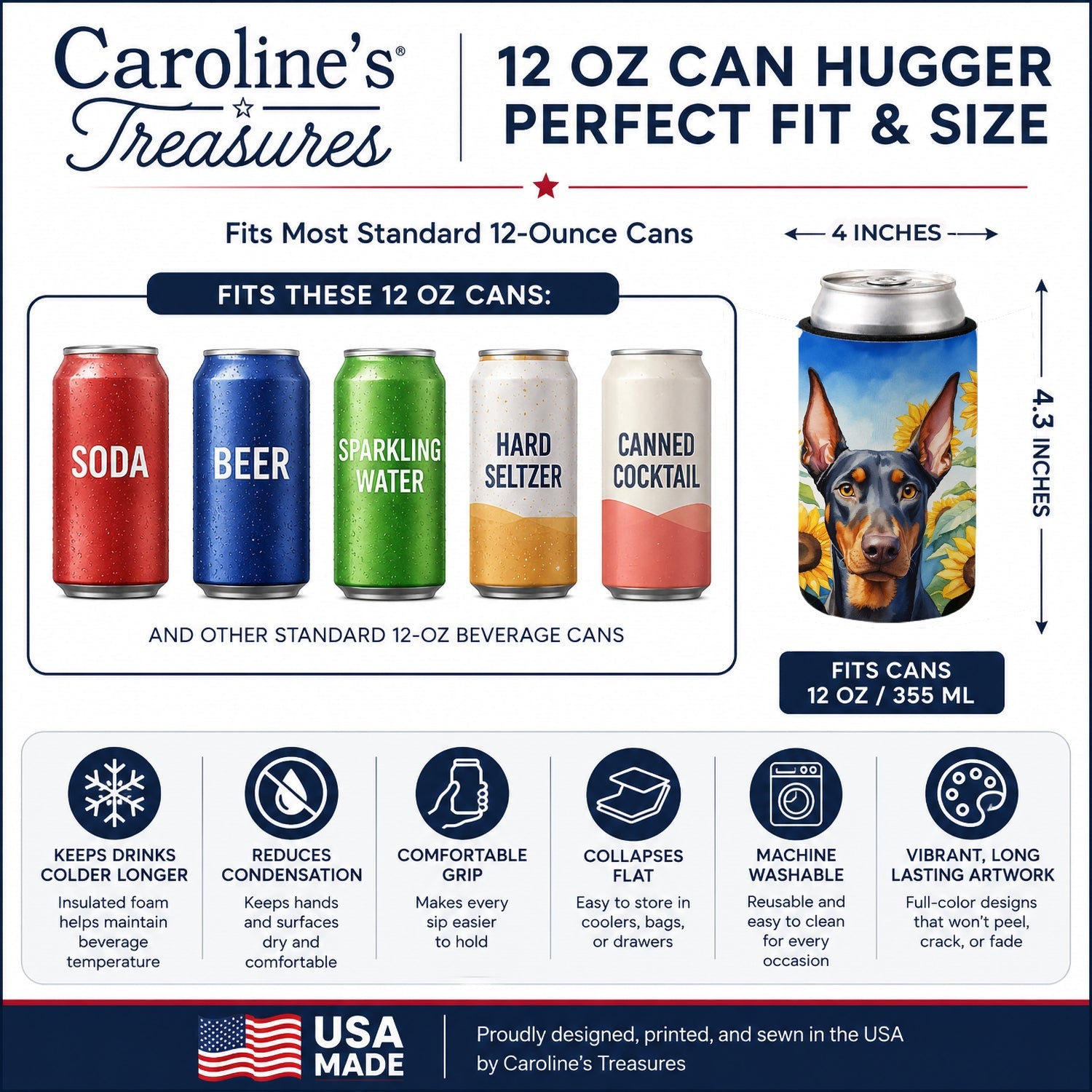 Doberman Pinscher in Sunflowers Can or Bottle Hugger Cooler Sleeve for Standard 12 oz Cans, Insulated Foam Beer & Soda Can Hugger Reusable