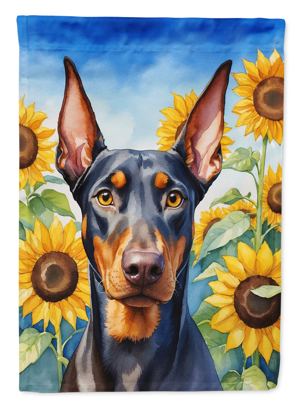 Doberman Pinscher in Sunflowers House Flag 28x40 Porch Sleeve Pole Decorative Outside Yard Banner Artwork Wall Hanging, Polyester