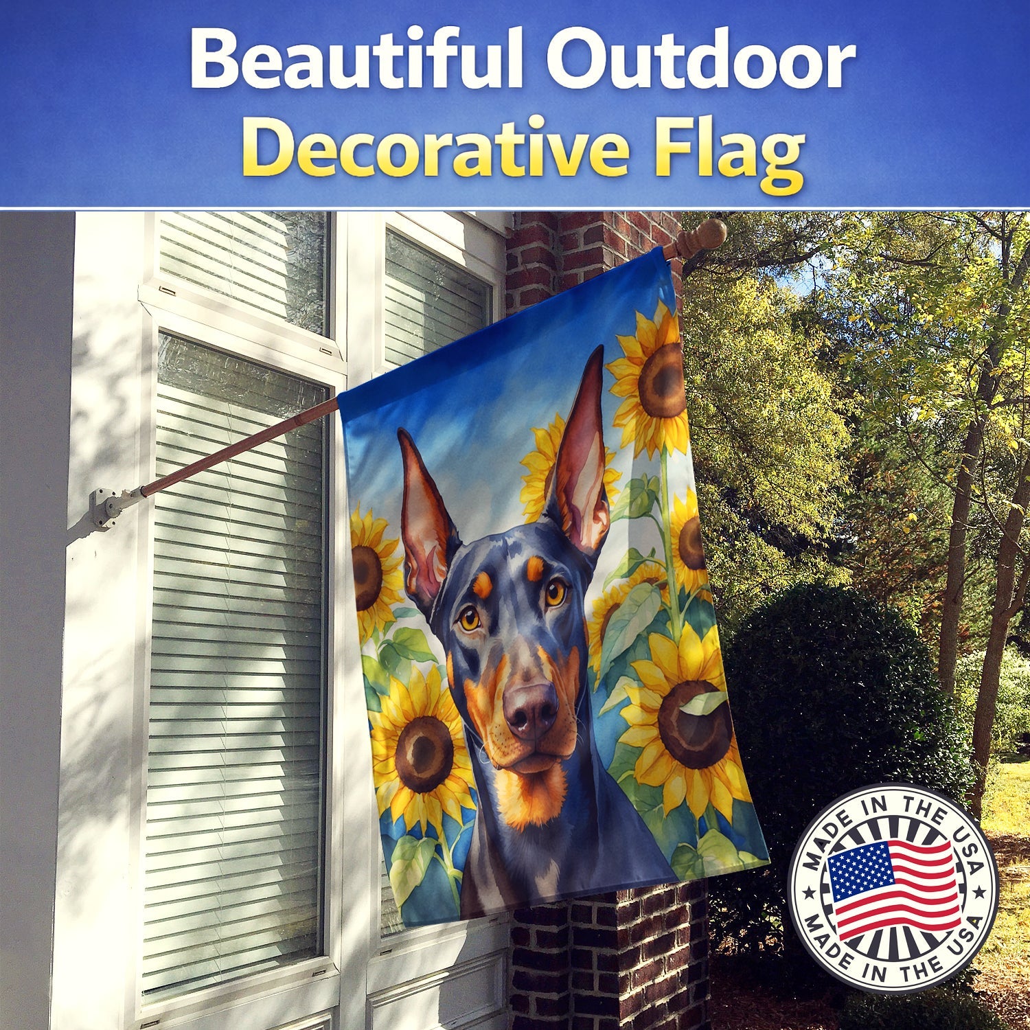Doberman Pinscher in Sunflowers House Flag 28x40 Porch Sleeve Pole Decorative Outside Yard Banner Artwork Wall Hanging, Polyester