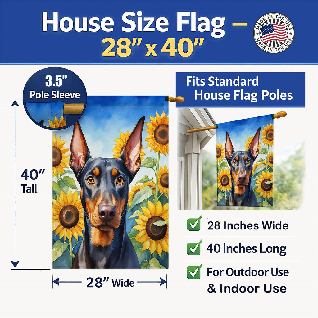 Doberman Pinscher in Sunflowers House Flag 28x40 Porch Sleeve Pole Decorative Outside Yard Banner Artwork Wall Hanging, Polyester