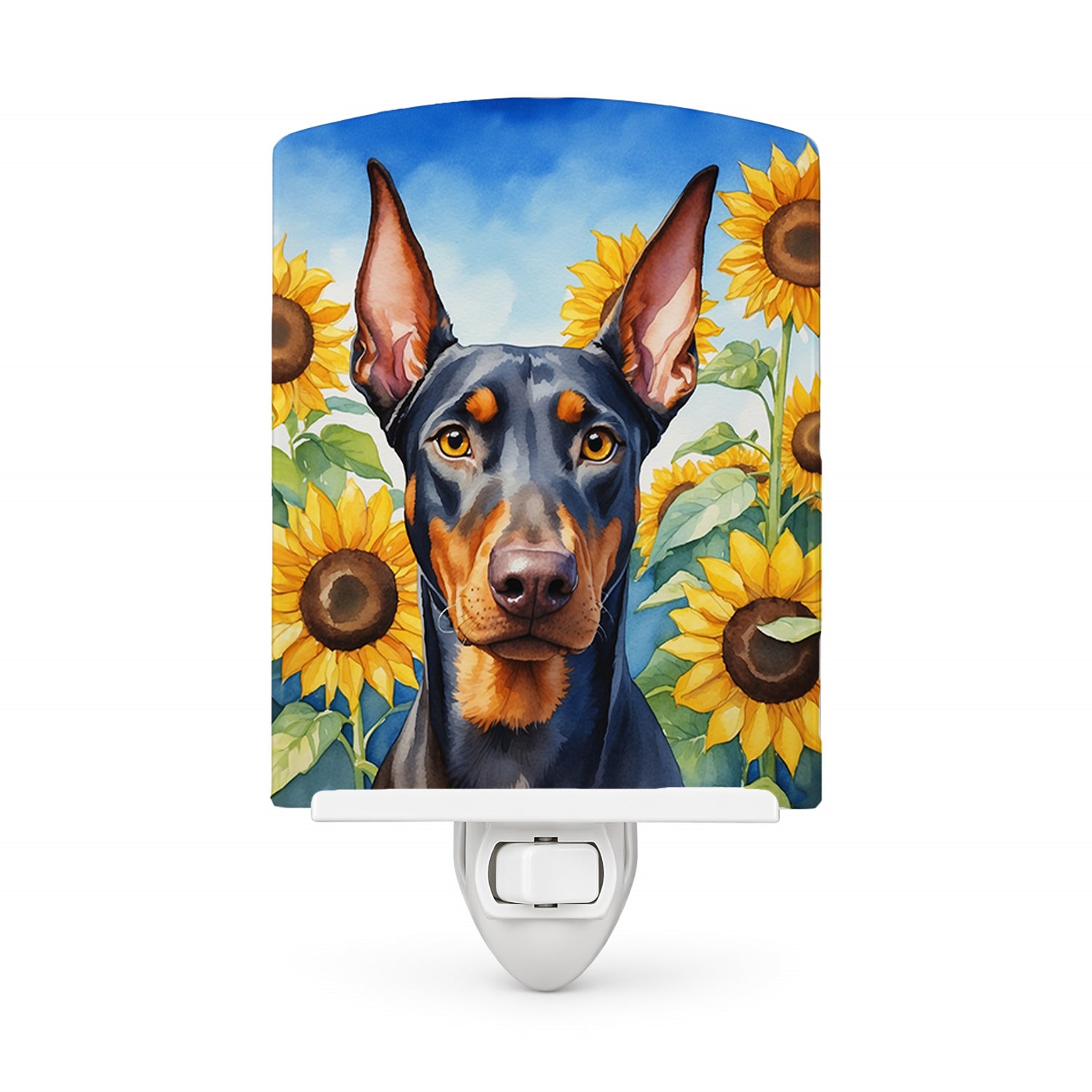 Doberman Pinscher in Sunflowers Ceramic Night Light Compact, UL-Certified, Ideal for Bedroom, Bathroom, Nursery, Hallway, Kitchen, 6x4x3, Multicolor