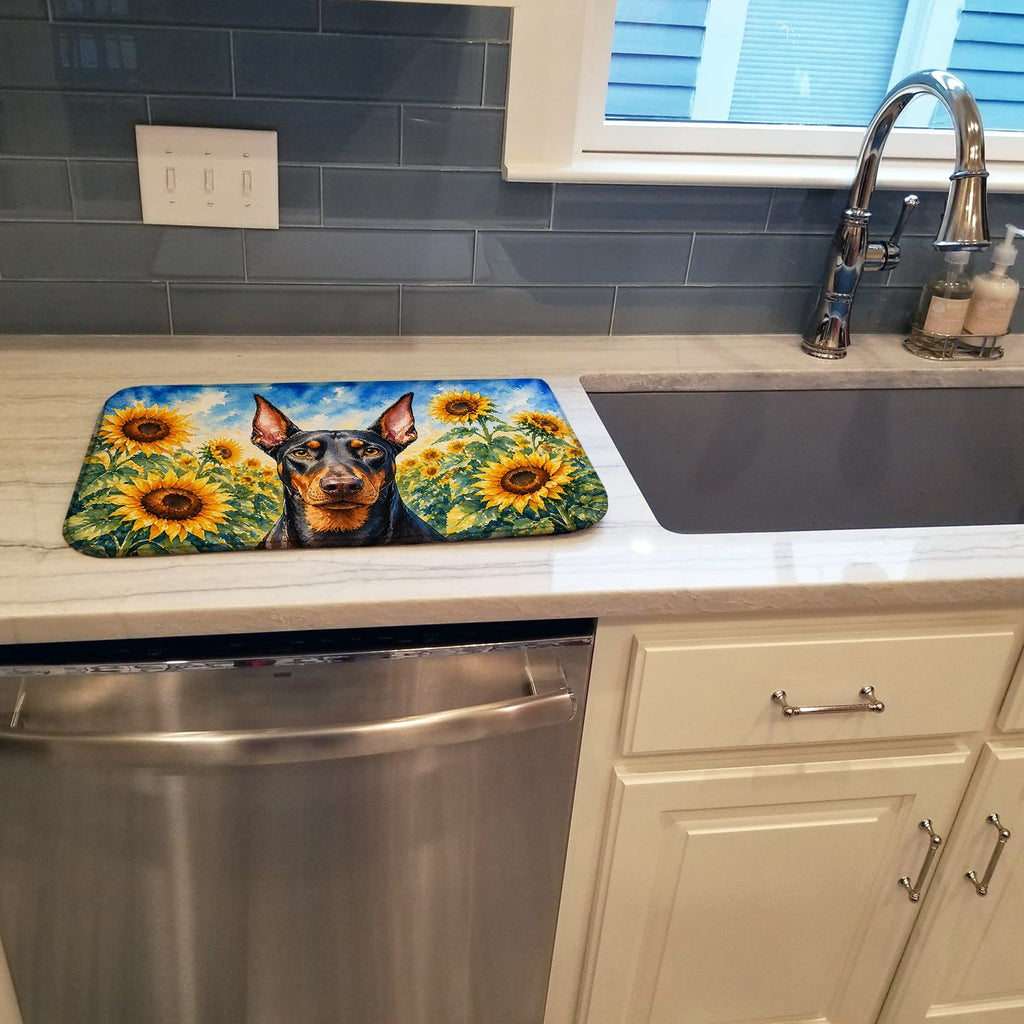 Doberman Pinscher in Sunflowers Dish Drying Mat Absorbent Dish Drying Mat Pad for Kitchen Counter Dish Drainer Mat for Countertop, 14 x 21", Multicolor