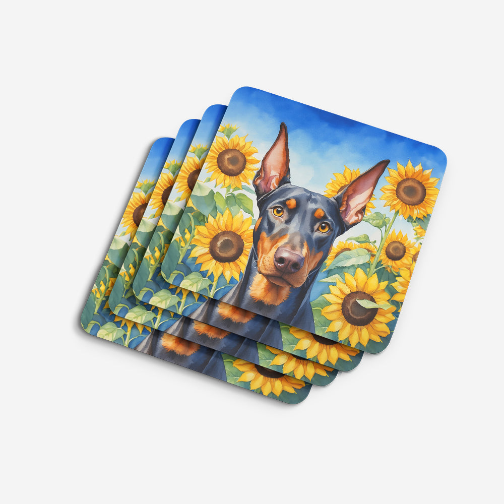 Doberman Pinscher in Sunflowers Foam Coasters Set of 4 Cup Coasters for Indoor Outdoor, Tabletop Protection, Anti Slip, Mouse pad Material