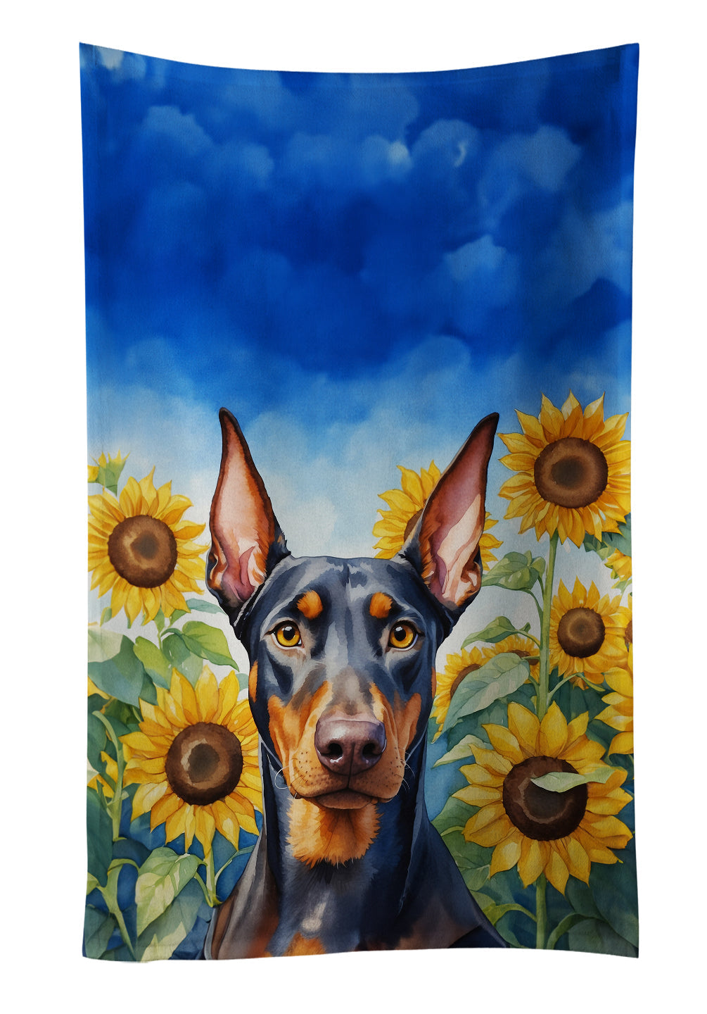 Doberman Pinscher in Sunflowers Kitchen Towel Velour Plush Front and Cotton Loop Back Machine Washable