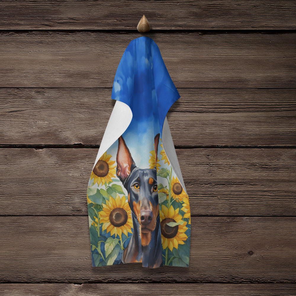 Doberman Pinscher in Sunflowers Kitchen Towel Velour Plush Front and Cotton Loop Back Machine Washable