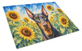 Doberman Pinscher in Sunflowers Cutting Board Tempered Glass Kitchen Cutting Surface, Heat Resistant Chopping Board with Non-Slip Feet, Decorative Food Prep & Serving