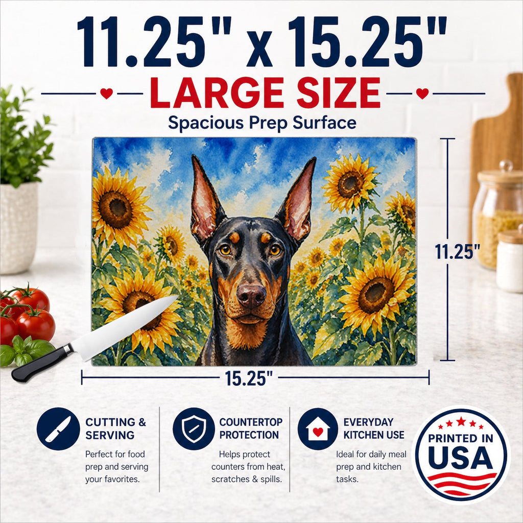 Doberman Pinscher in Sunflowers Cutting Board Tempered Glass Kitchen Cutting Surface, Heat Resistant Chopping Board with Non-Slip Feet, Decorative Food Prep & Serving