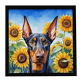 Doberman Pinscher in Sunflowers Framed Metal Print Bathroom, Kitchen, Office, Home Decor Wall Art Ready to Hang, Square, 8X8