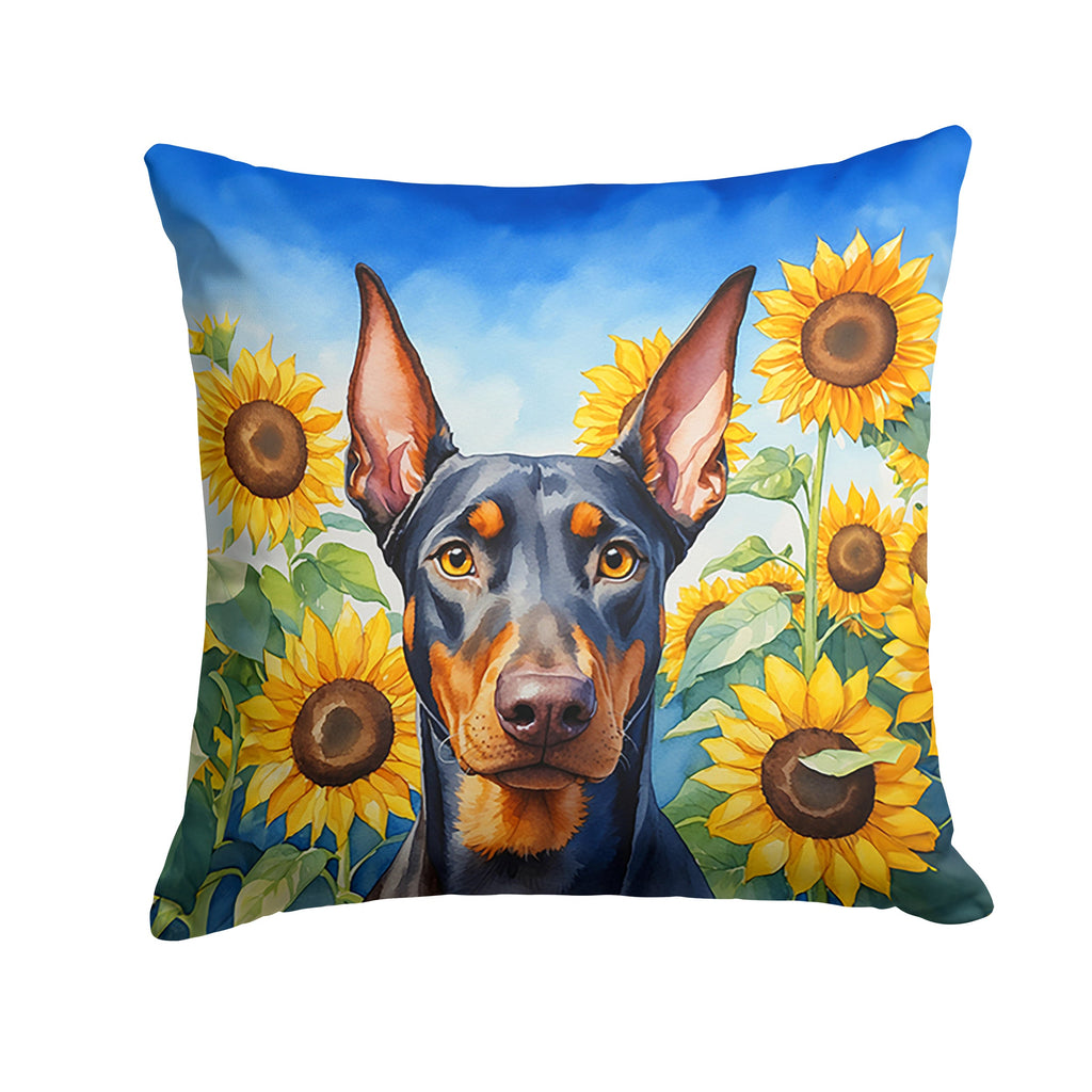 Doberman Pinscher in Sunflowers Decorative Throw Pillow 14x14 Indoor Outdoor Accent Cushion, Fabric Cover with Insert for Sofa, Bed, Porch & Living Room