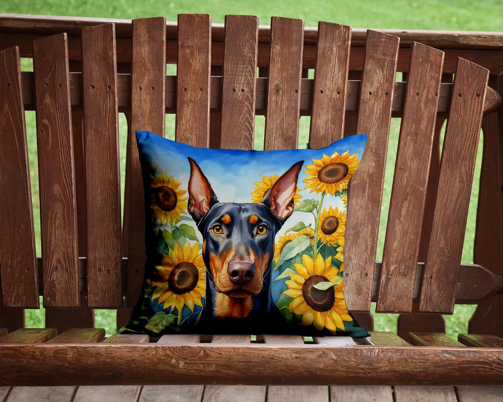 Doberman Pinscher in Sunflowers Decorative Throw Pillow 14x14 Indoor Outdoor Accent Cushion, Fabric Cover with Insert for Sofa, Bed, Porch & Living Room