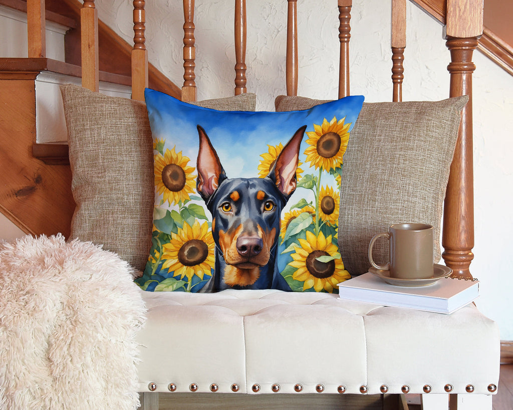 Doberman Pinscher in Sunflowers Decorative Throw Pillow 14x14 Indoor Outdoor Accent Cushion, Fabric Cover with Insert for Sofa, Bed, Porch & Living Room