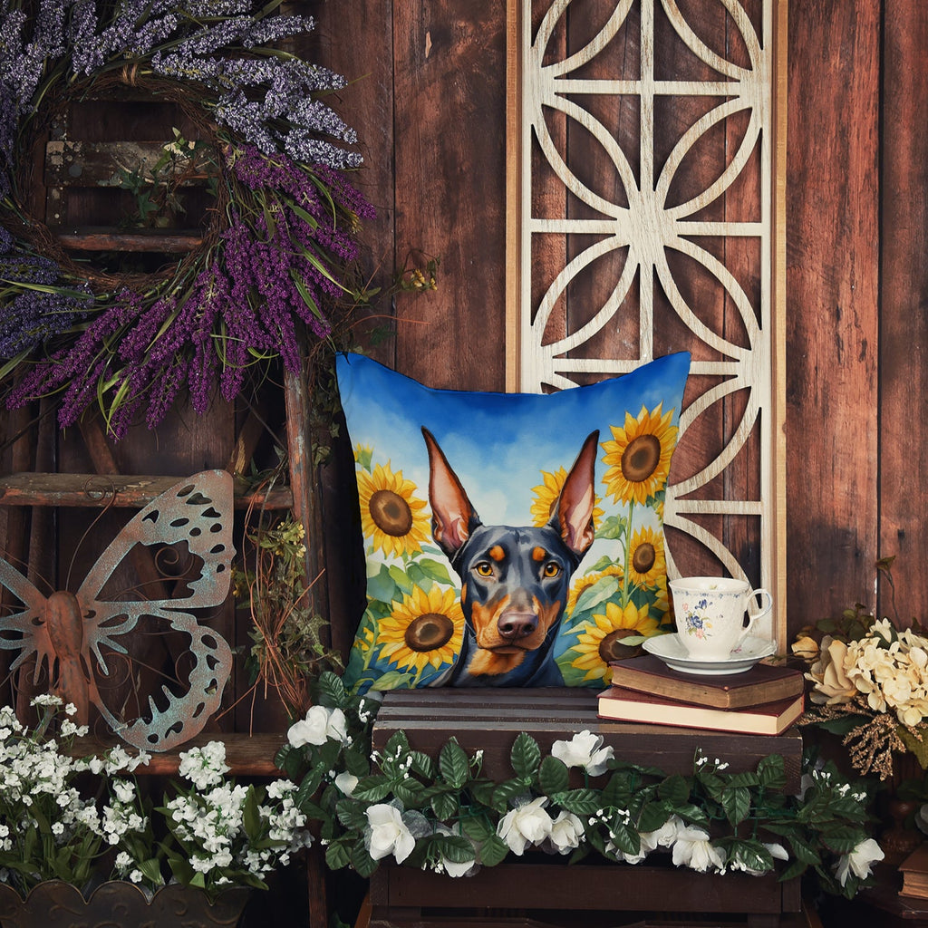 Doberman Pinscher in Sunflowers Decorative Throw Pillow 14x14 Indoor Outdoor Accent Cushion, Fabric Cover with Insert for Sofa, Bed, Porch & Living Room