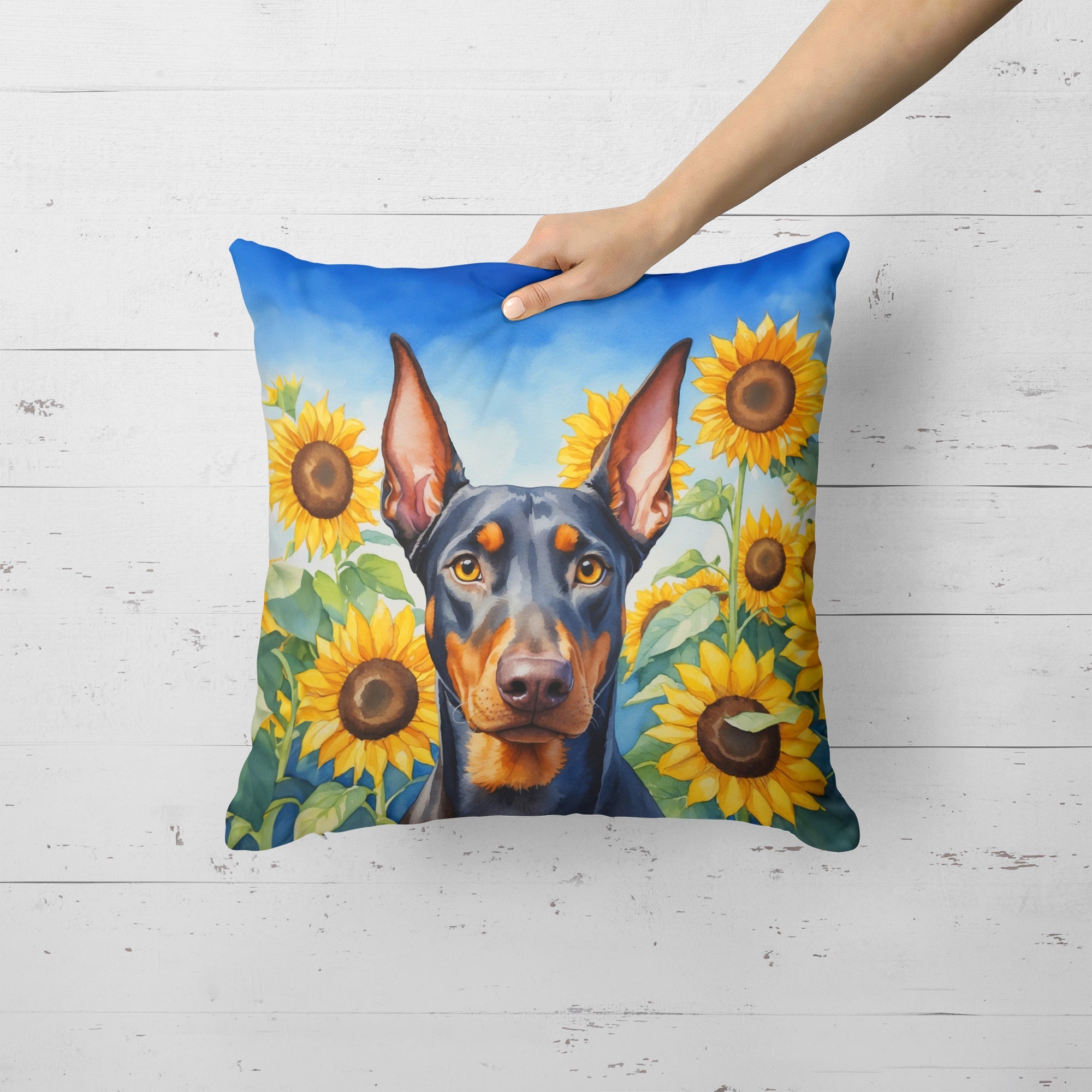 Doberman Pinscher in Sunflowers Decorative Throw Pillow 18x18 Indoor Outdoor Accent Cushion, Fabric Cover with Insert for Sofa, Bed, Porch & Living Room