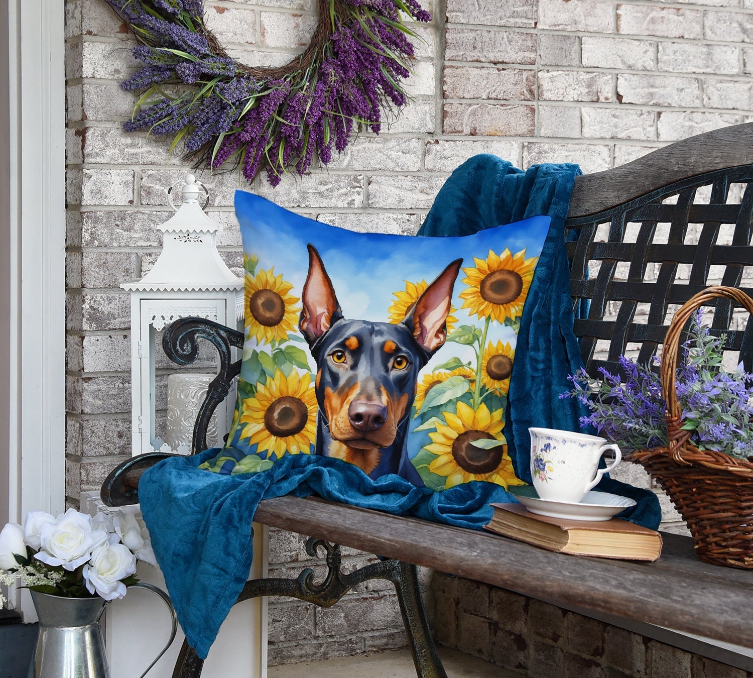Doberman Pinscher in Sunflowers Decorative Throw Pillow 18x18 Indoor Outdoor Accent Cushion, Fabric Cover with Insert for Sofa, Bed, Porch & Living Room