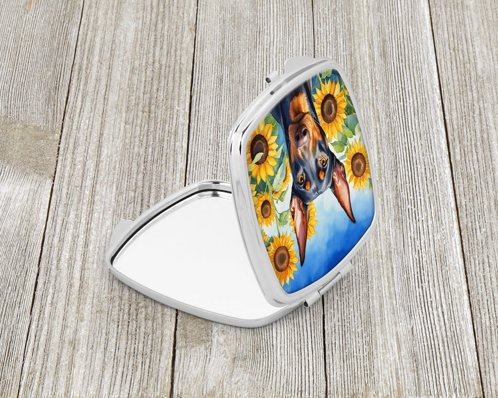 Doberman Pinscher in Sunflowers Compact Mirror Decorative Travel Makeup Mirror for Women Girls Gifts Pocket Makeup Mirror Folding Handheld