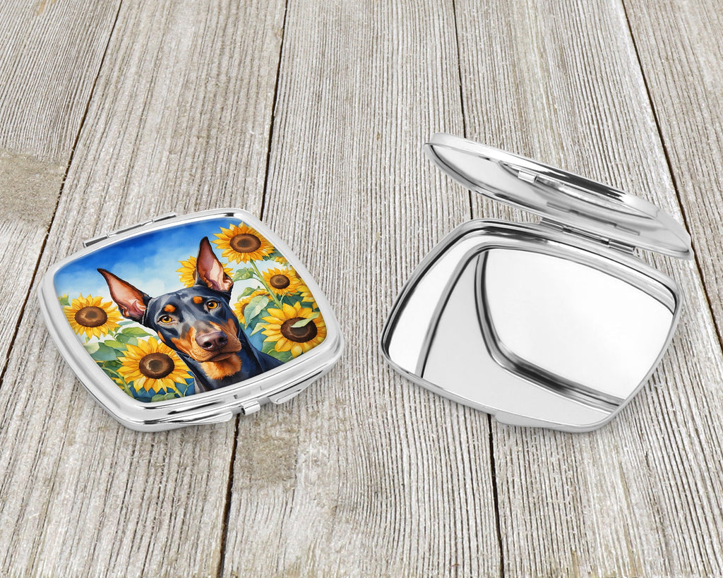 Doberman Pinscher in Sunflowers Compact Mirror Decorative Travel Makeup Mirror for Women Girls Gifts Pocket Makeup Mirror Folding Handheld