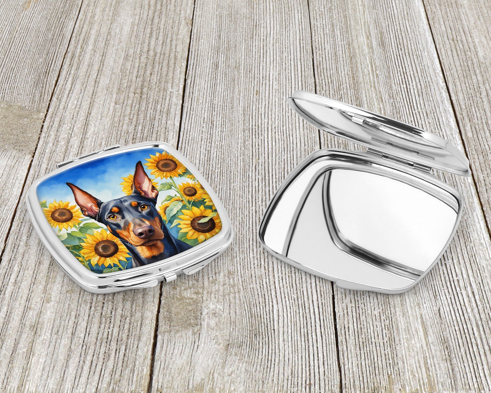 Doberman Pinscher in Sunflowers Compact Mirror Decorative Travel Makeup Mirror for Women Girls Gifts Pocket Makeup Mirror Folding Handheld
