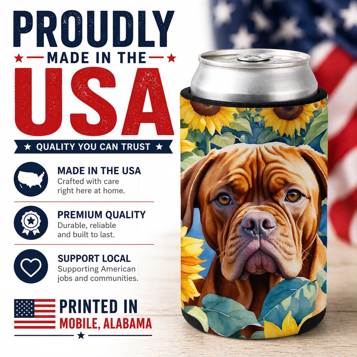 Dogue de Bordeaux in Sunflowers Can or Bottle Hugger Cooler Sleeve for Standard 12 oz Cans, Insulated Foam Beer & Soda Can Hugger Reusable