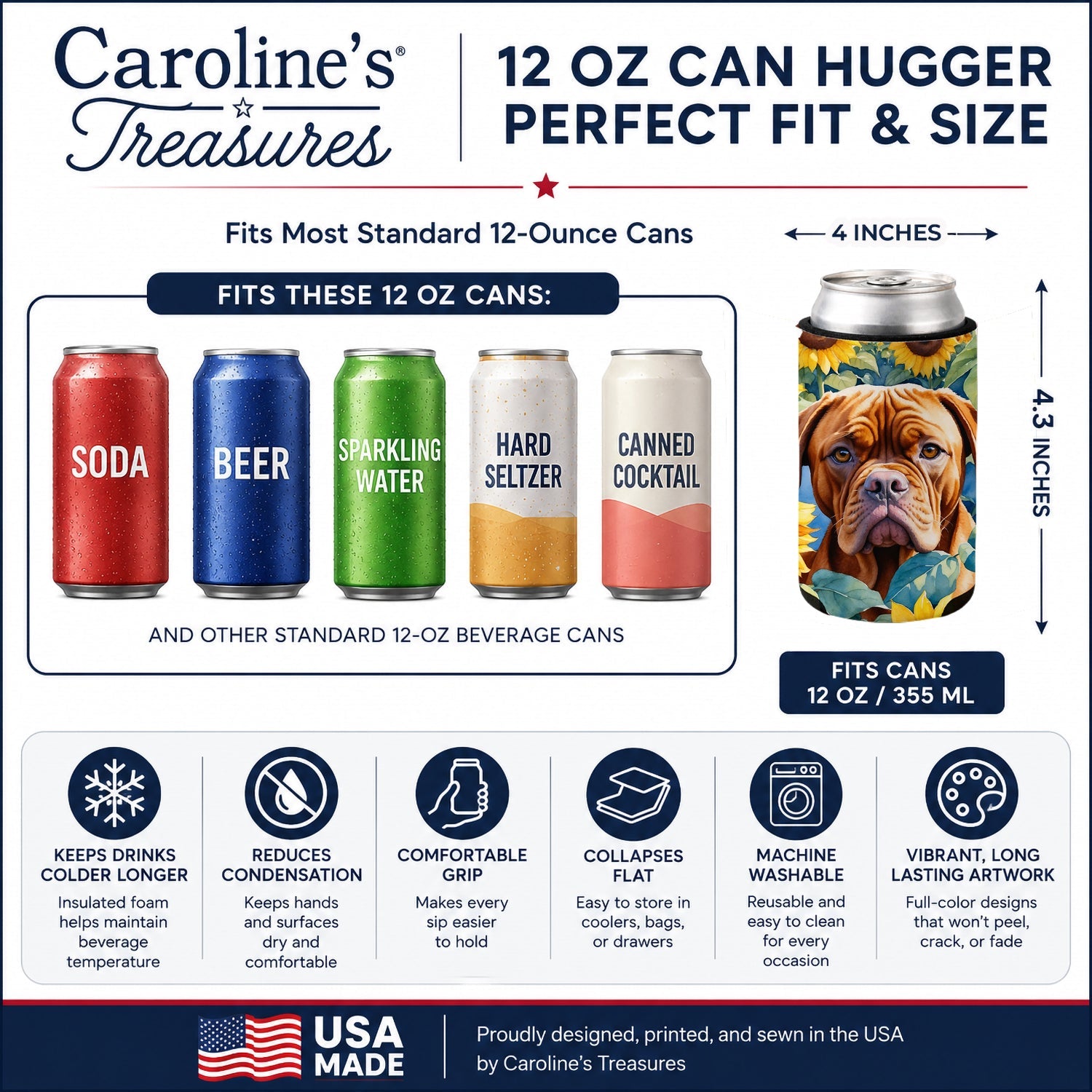 Dogue de Bordeaux in Sunflowers Can or Bottle Hugger Cooler Sleeve for Standard 12 oz Cans, Insulated Foam Beer & Soda Can Hugger Reusable