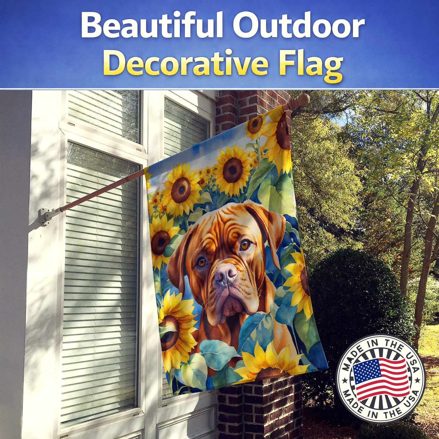 Dogue de Bordeaux in Sunflowers House Flag 28x40 Porch Sleeve Pole Decorative Outside Yard Banner Artwork Wall Hanging, Polyester