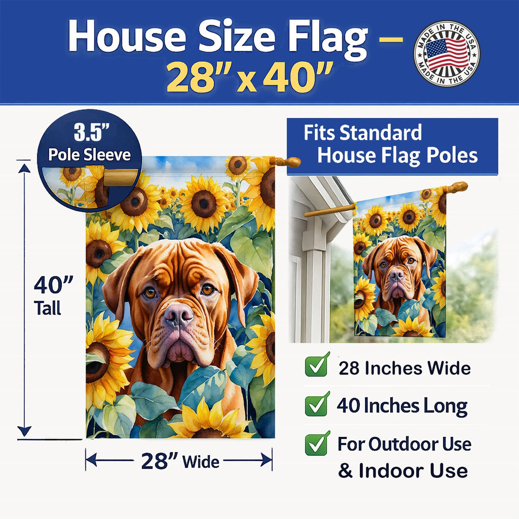 Dogue de Bordeaux in Sunflowers House Flag 28x40 Porch Sleeve Pole Decorative Outside Yard Banner Artwork Wall Hanging, Polyester