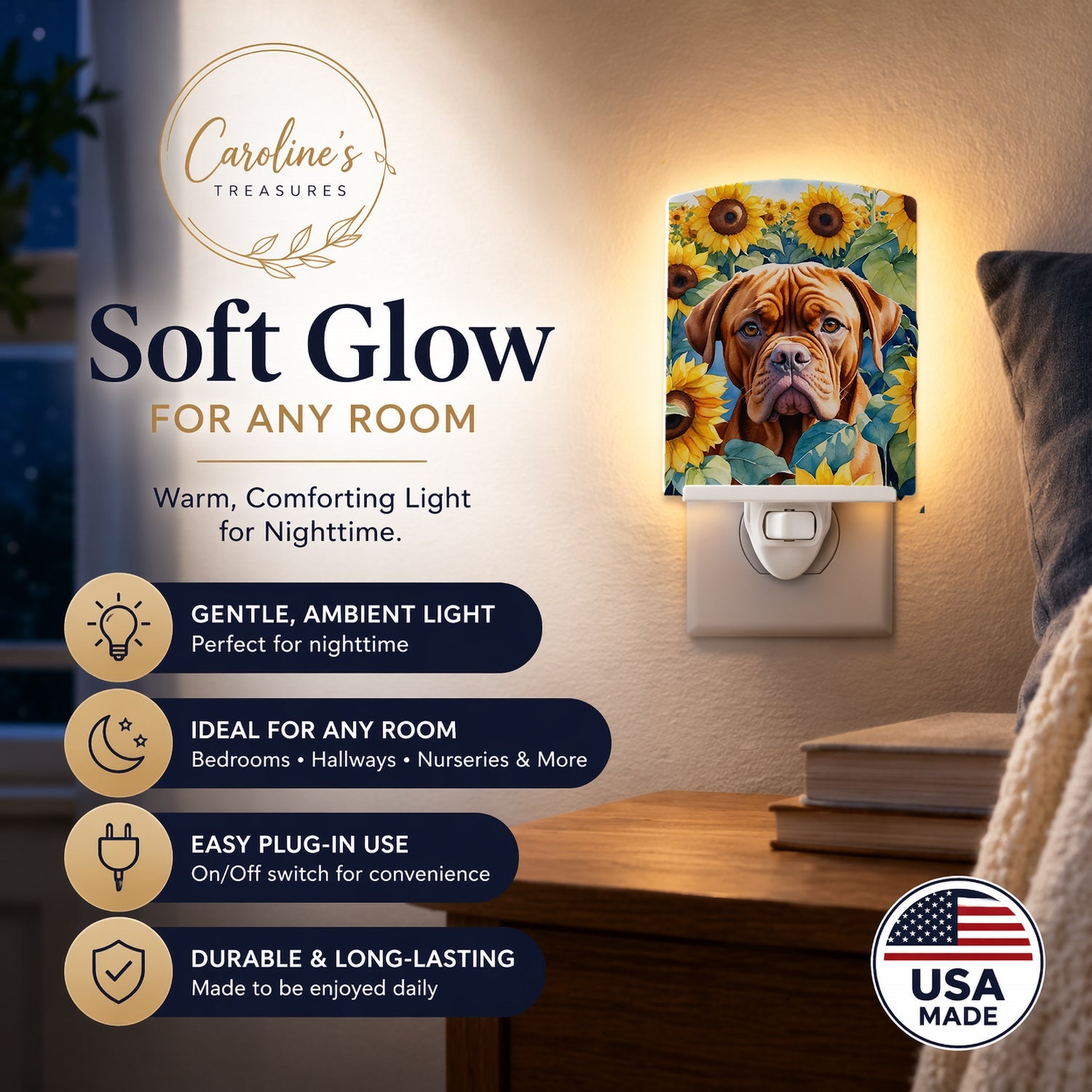 Dogue de Bordeaux in Sunflowers Ceramic Night Light Compact, UL-Certified, Ideal for Bedroom, Bathroom, Nursery, Hallway, Kitchen, 6x4x3, Multicolor
