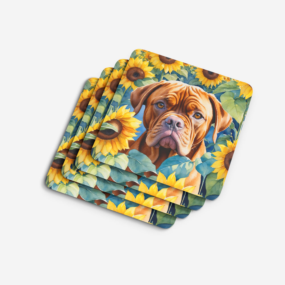 Dogue de Bordeaux in Sunflowers Foam Coasters Set of 4 Cup Coasters for Indoor Outdoor, Tabletop Protection, Anti Slip, Mouse pad Material