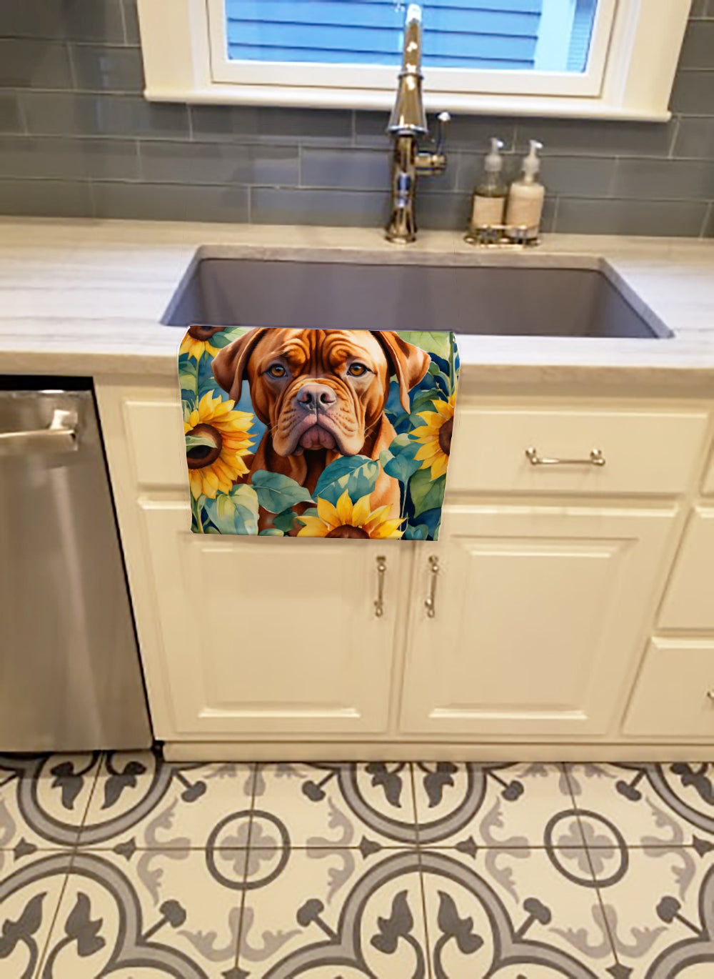 Dogue de Bordeaux in Sunflowers Kitchen Towel Velour Plush Front and Cotton Loop Back Machine Washable