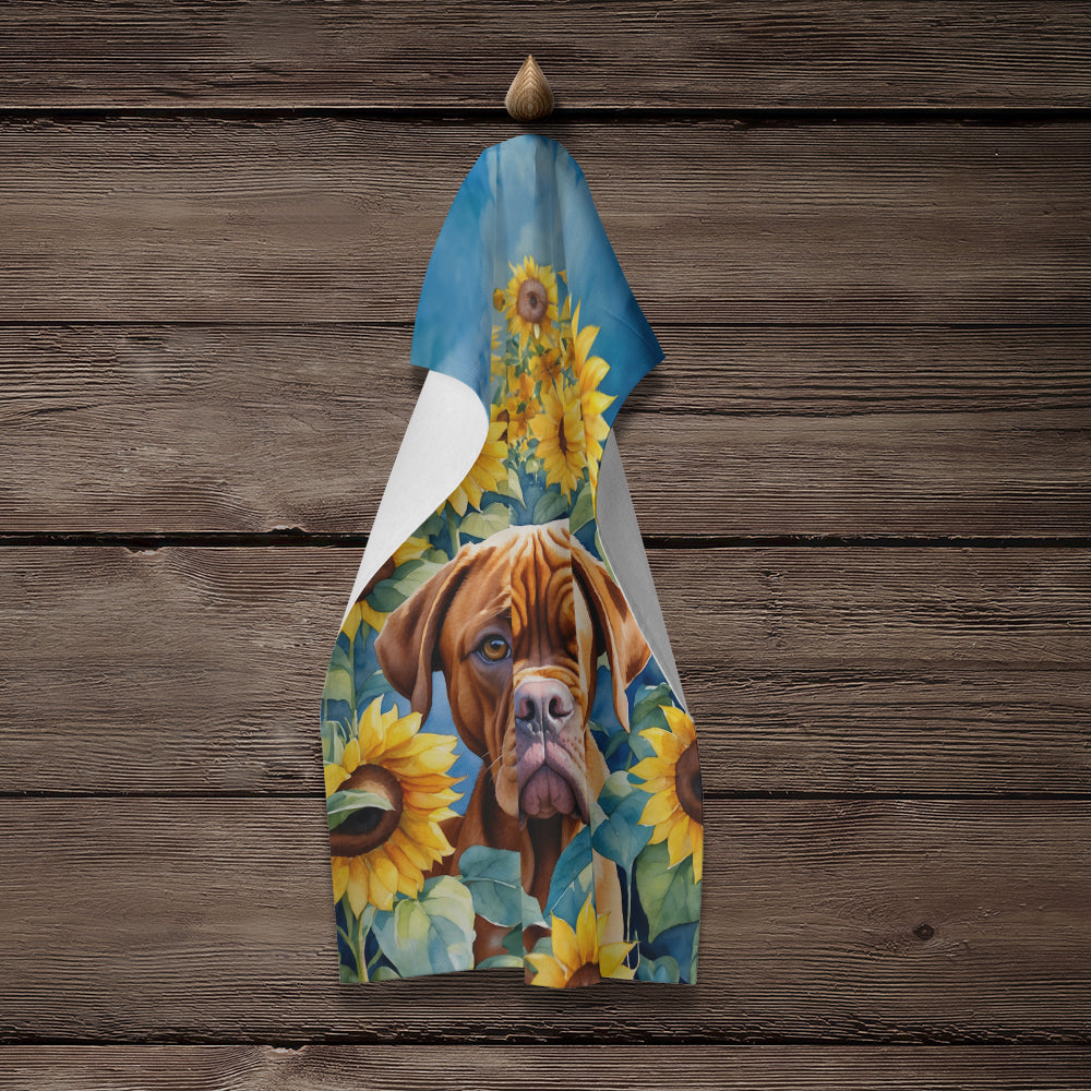 Dogue de Bordeaux in Sunflowers Kitchen Towel Velour Plush Front and Cotton Loop Back Machine Washable
