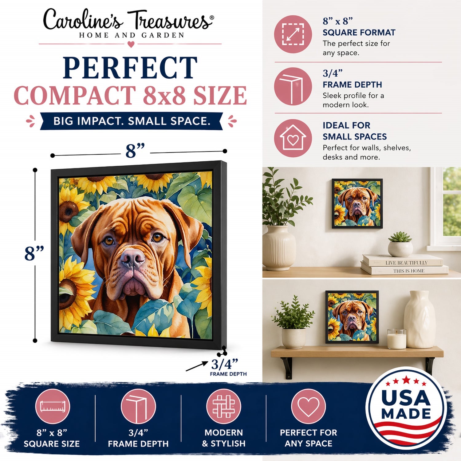 Dogue de Bordeaux in Sunflowers Framed Metal Print Bathroom, Kitchen, Office, Home Decor Wall Art Ready to Hang, Square, 8X8
