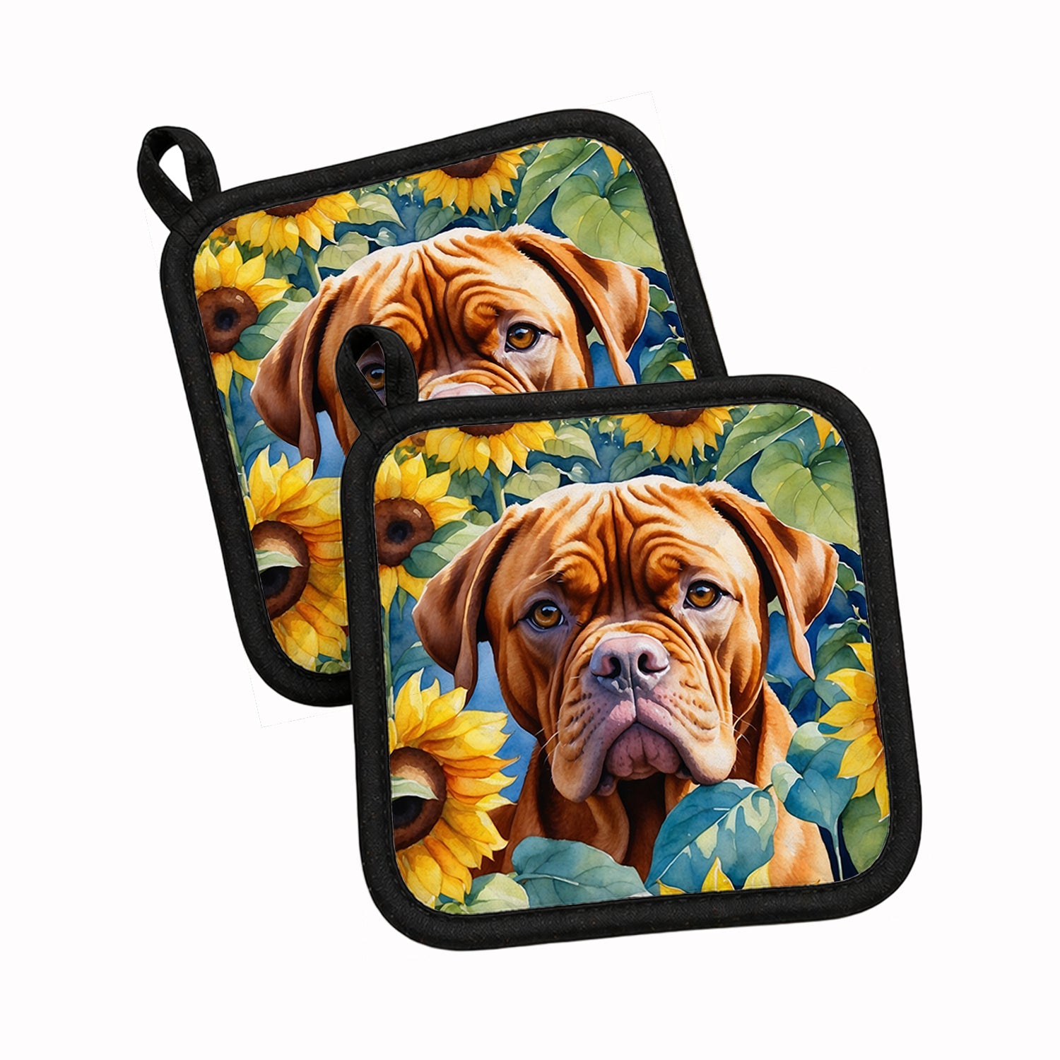 Dogue de Bordeaux in Sunflowers Pot Holder Set of 2 Heat Resistant Quilted Hot Pads 7.5 x 7.5 Inch, Insulated Kitchen Trivets for Cooking & Baking