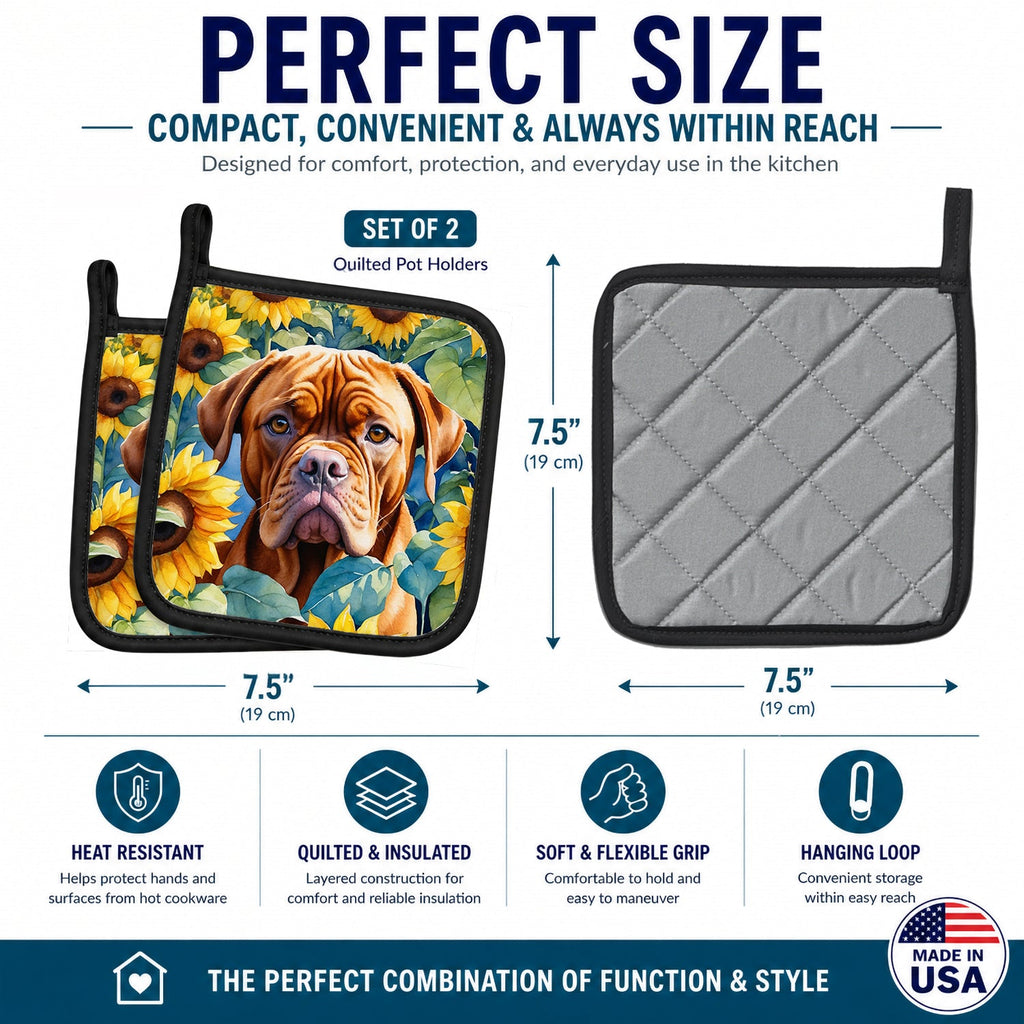 Dogue de Bordeaux in Sunflowers Pot Holder Set of 2 Heat Resistant Quilted Hot Pads 7.5 x 7.5 Inch, Insulated Kitchen Trivets for Cooking & Baking