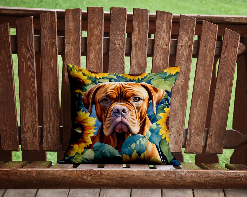 Dogue de Bordeaux in Sunflowers Decorative Throw Pillow 14x14 Indoor Outdoor Accent Cushion, Fabric Cover with Insert for Sofa, Bed, Porch & Living Room