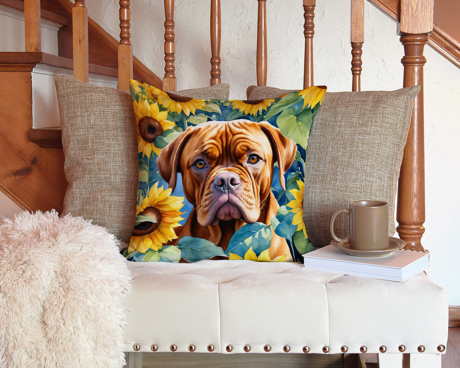 Dogue de Bordeaux in Sunflowers Decorative Throw Pillow 14x14 Indoor Outdoor Accent Cushion, Fabric Cover with Insert for Sofa, Bed, Porch & Living Room