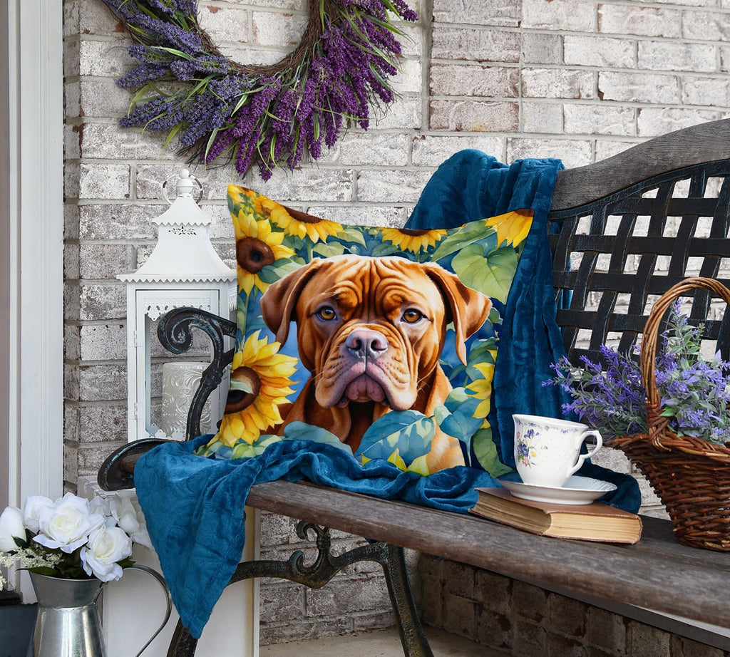 Dogue de Bordeaux in Sunflowers Decorative Throw Pillow 18x18 Indoor Outdoor Accent Cushion, Fabric Cover with Insert for Sofa, Bed, Porch & Living Room
