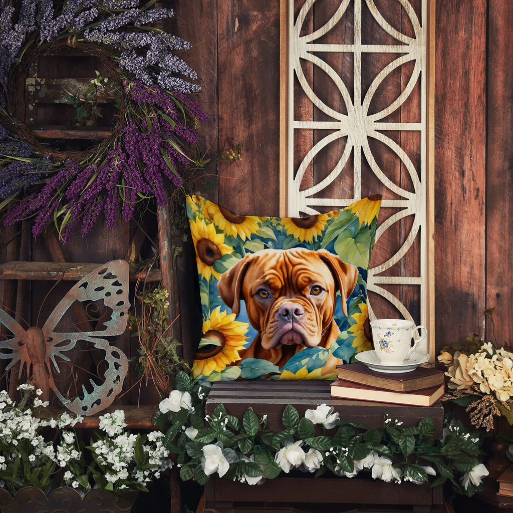 Dogue de Bordeaux in Sunflowers Decorative Throw Pillow 18x18 Indoor Outdoor Accent Cushion, Fabric Cover with Insert for Sofa, Bed, Porch & Living Room