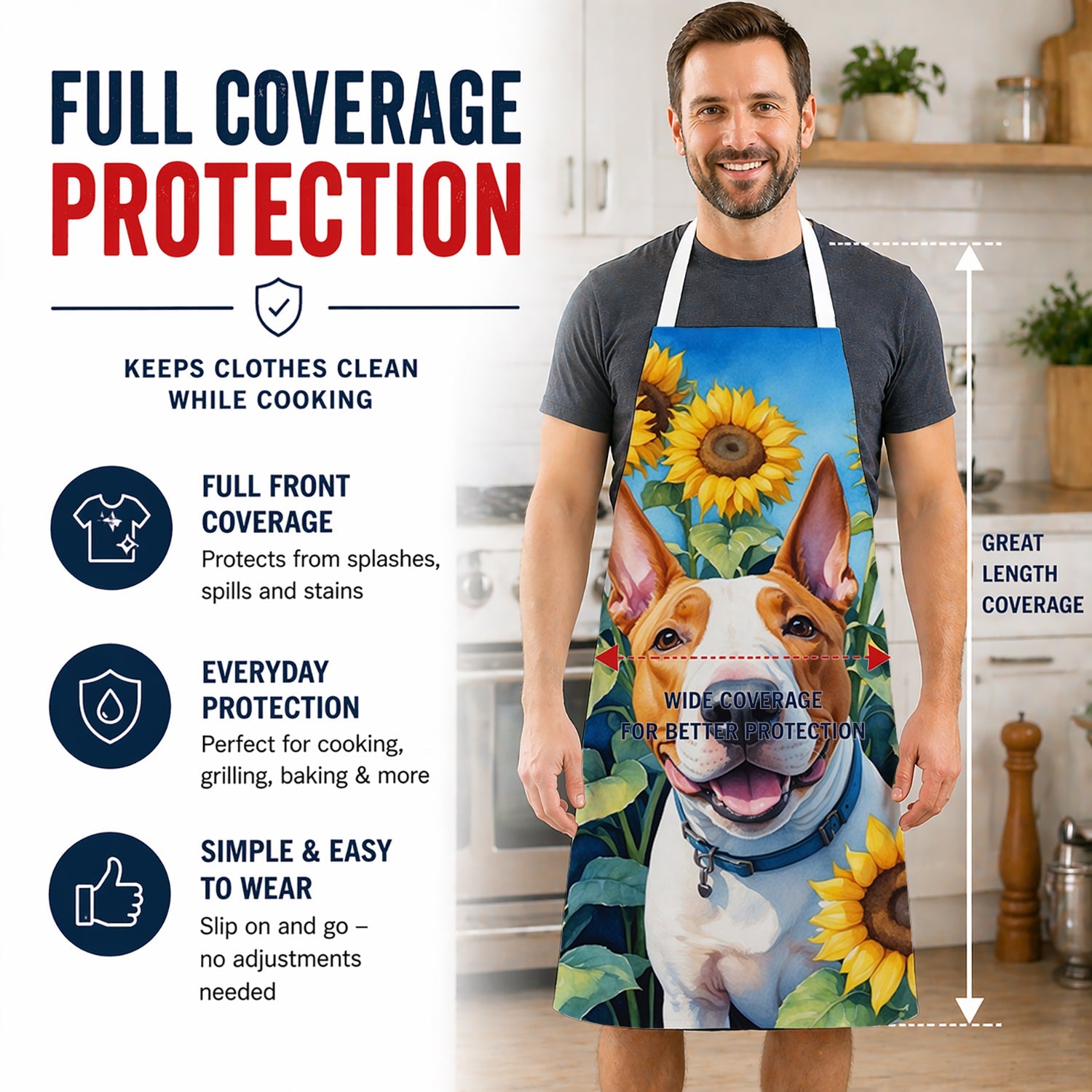 English Bull Terrier in Sunflowers Apron Cooking Kitchen Server Baking Crafts Gardening for Adult Women Men, Unisex, Large, Multicolor