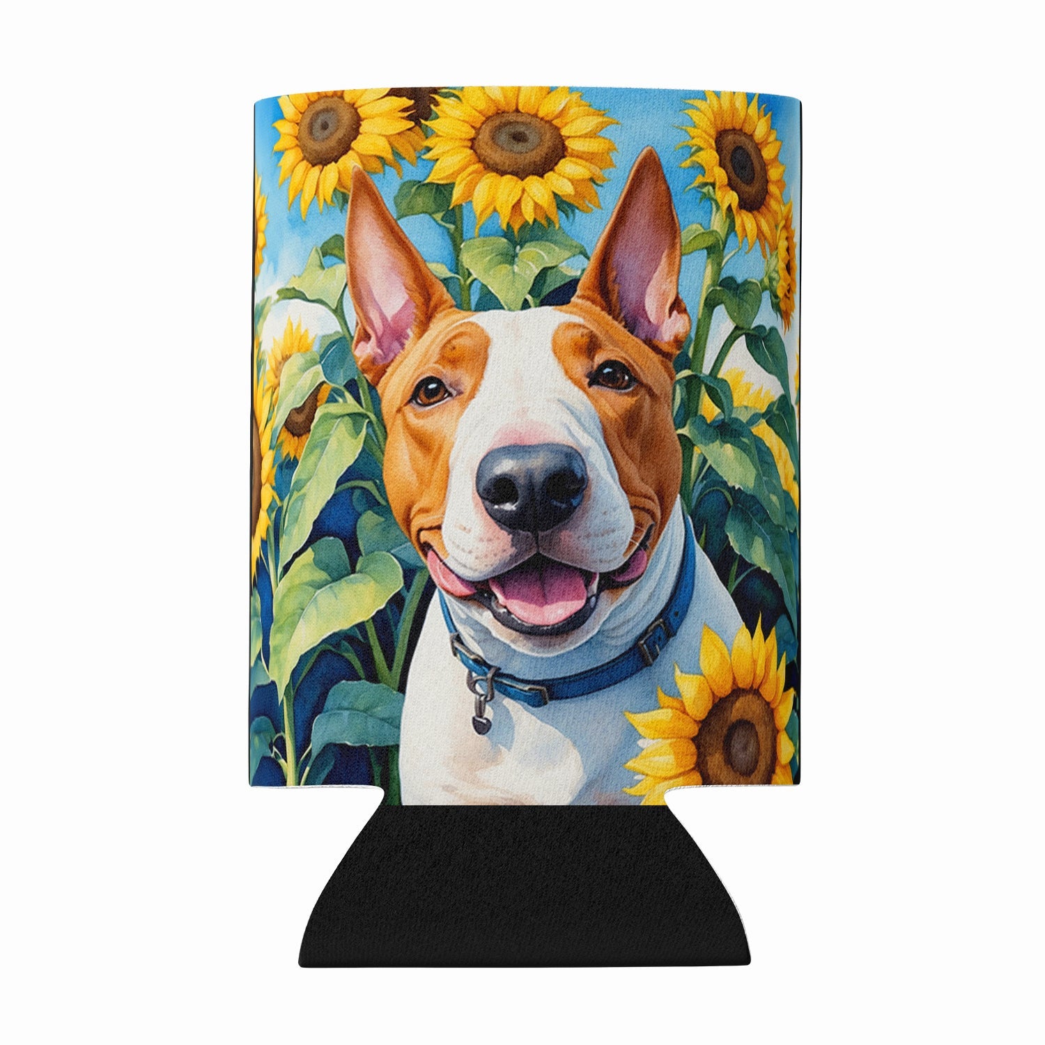 English Bull Terrier in Sunflowers Can or Bottle Hugger Cooler Sleeve for Standard 12 oz Cans, Insulated Foam Beer & Soda Can Hugger Reusable