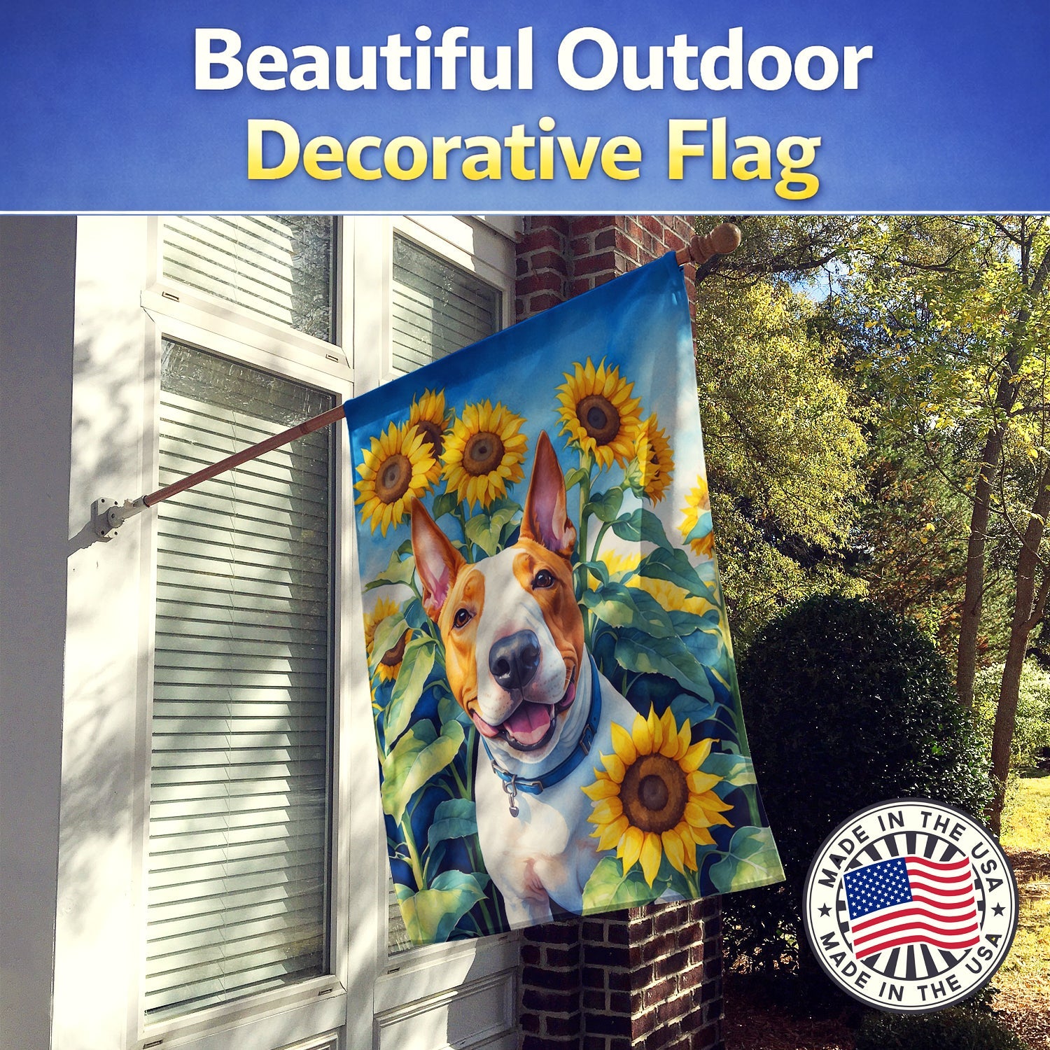 English Bull Terrier in Sunflowers House Flag 28x40 Porch Sleeve Pole Decorative Outside Yard Banner Artwork Wall Hanging, Polyester