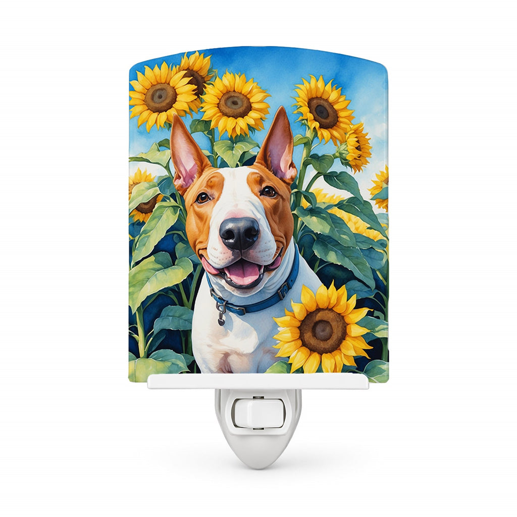 English Bull Terrier in Sunflowers Ceramic Night Light Compact, UL-Certified, Ideal for Bedroom, Bathroom, Nursery, Hallway, Kitchen, 6x4x3, Multicolor