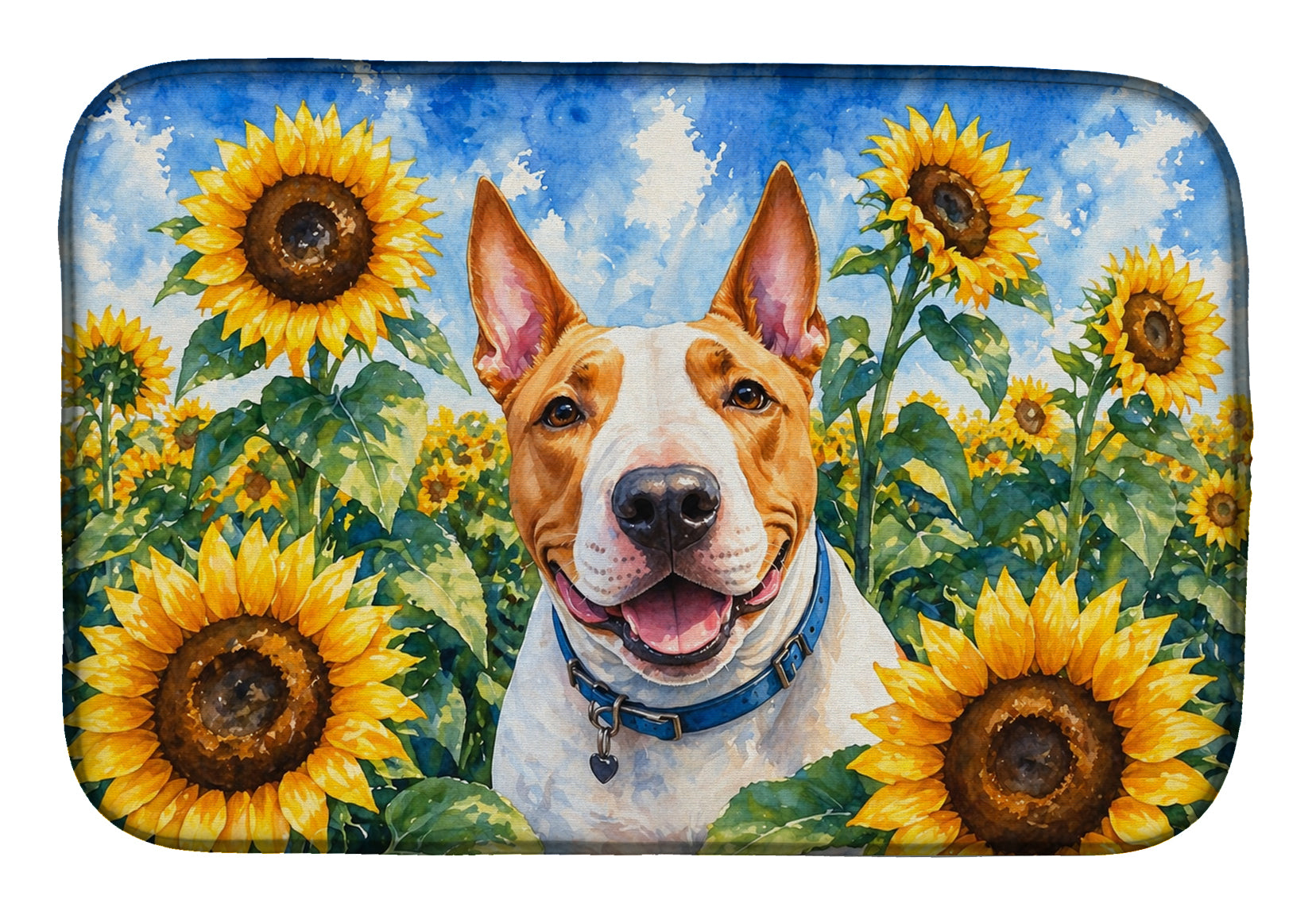 English Bull Terrier in Sunflowers Dish Drying Mat Absorbent Dish Drying Mat Pad for Kitchen Counter Dish Drainer Mat for Countertop, 14 x 21", Multicolor