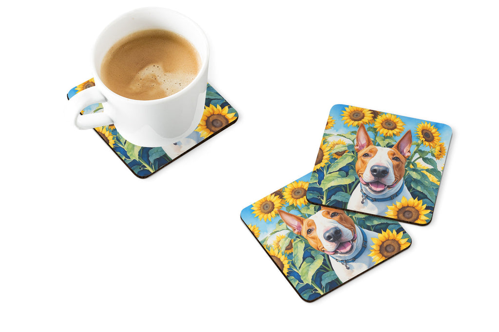 English Bull Terrier in Sunflowers Foam Coasters Set of 4 Cup Coasters for Indoor Outdoor, Tabletop Protection, Anti Slip, Mouse pad Material