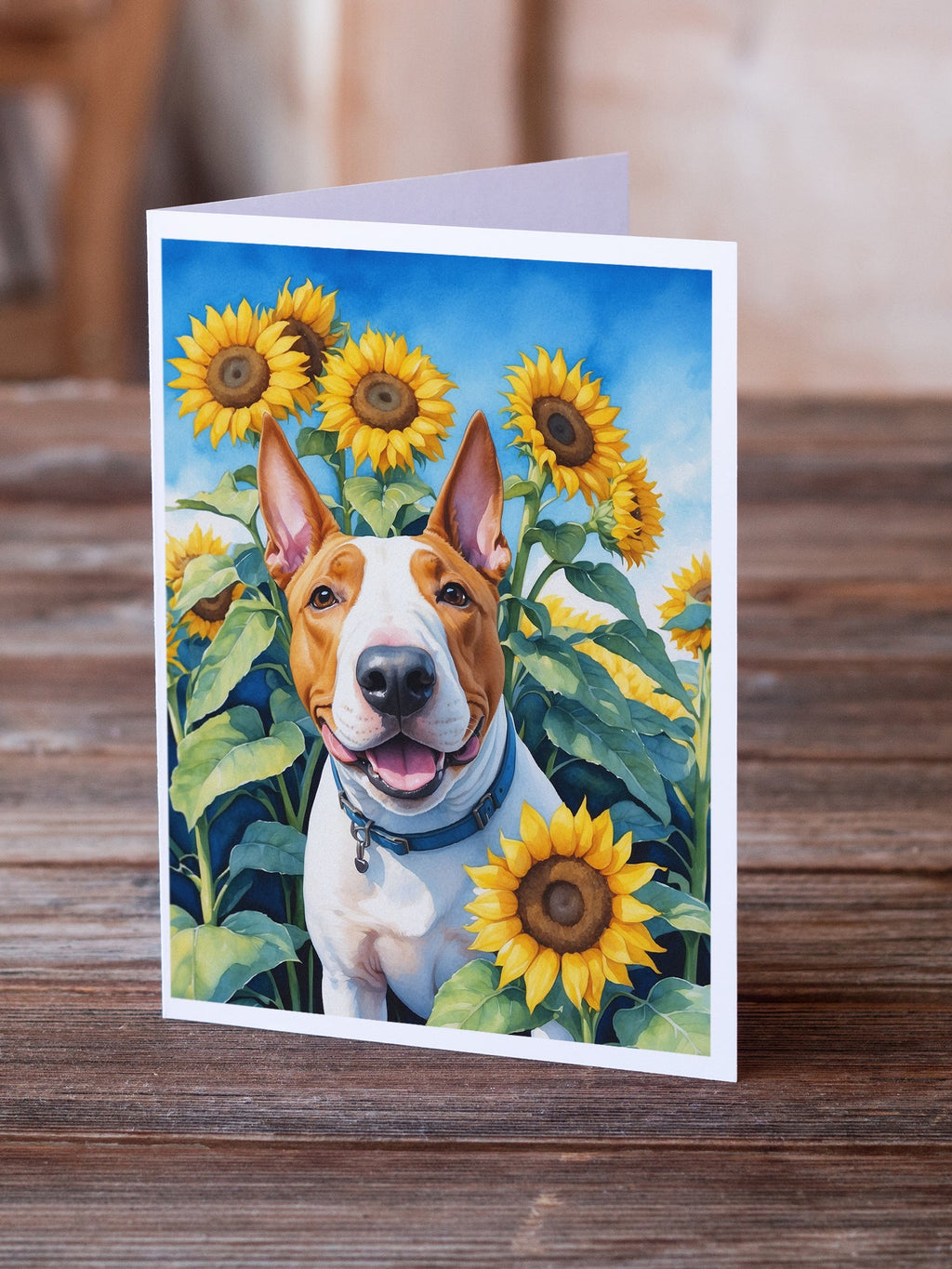 English Bull Terrier in Sunflowers Greeting Cards Pack of 8 Blank Cards with Envelopes Whimsical A7 Size 5x7