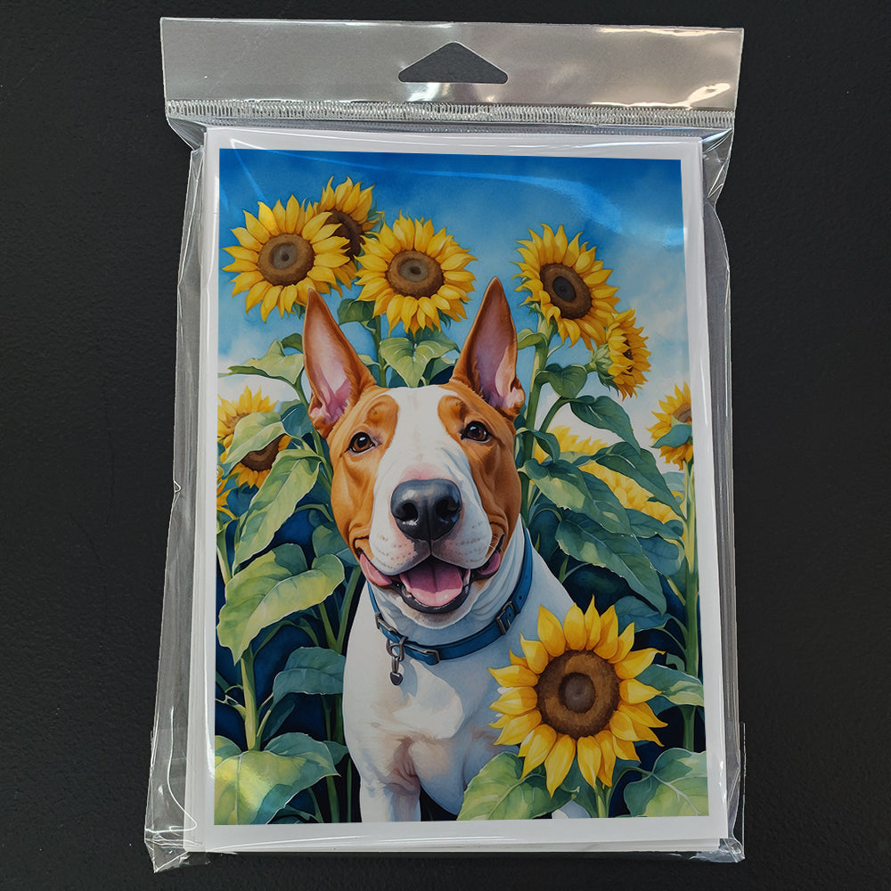 English Bull Terrier in Sunflowers Greeting Cards Pack of 8 Blank Cards with Envelopes Whimsical A7 Size 5x7