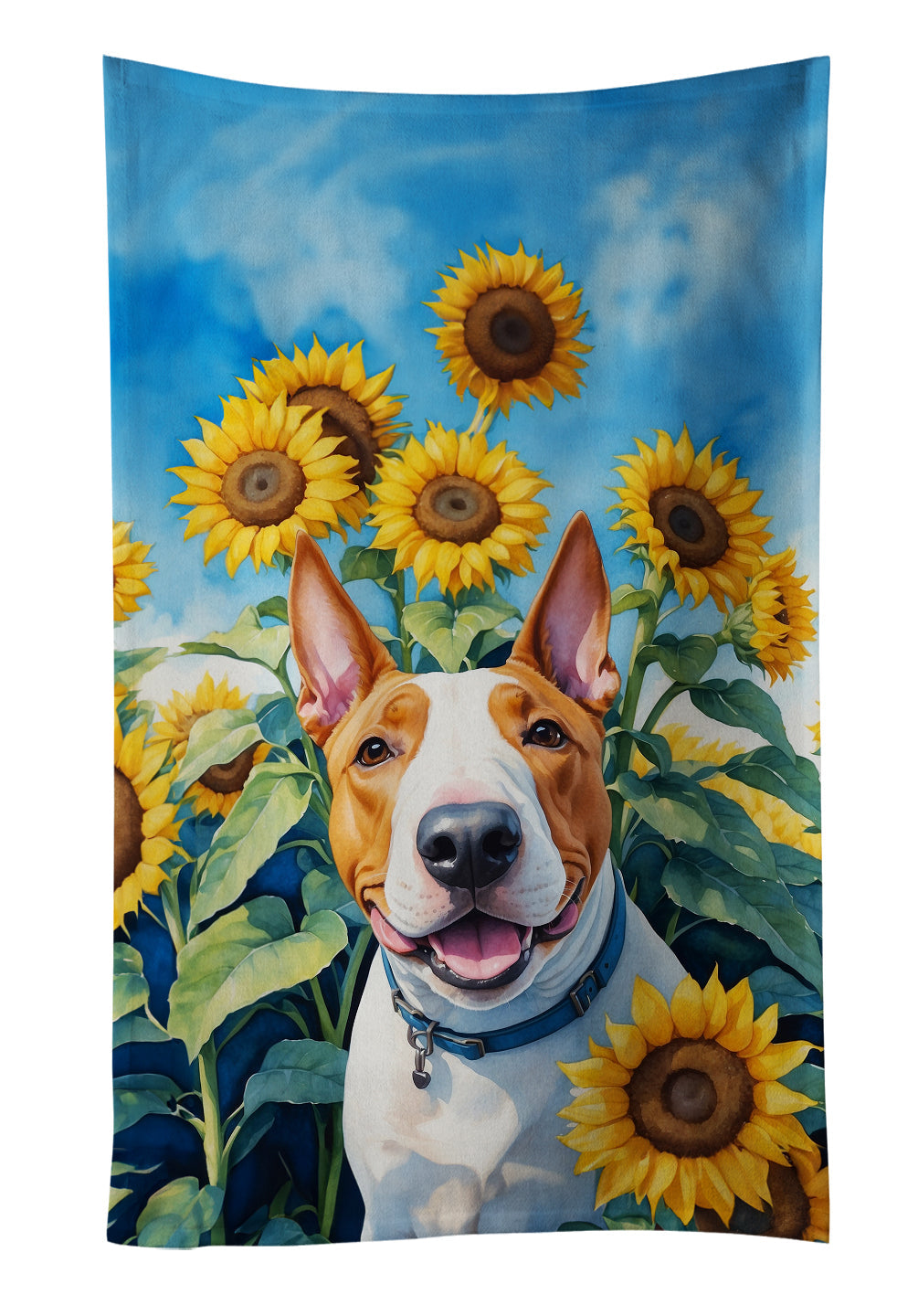 English Bull Terrier in Sunflowers Kitchen Towel Velour Plush Front and Cotton Loop Back Machine Washable
