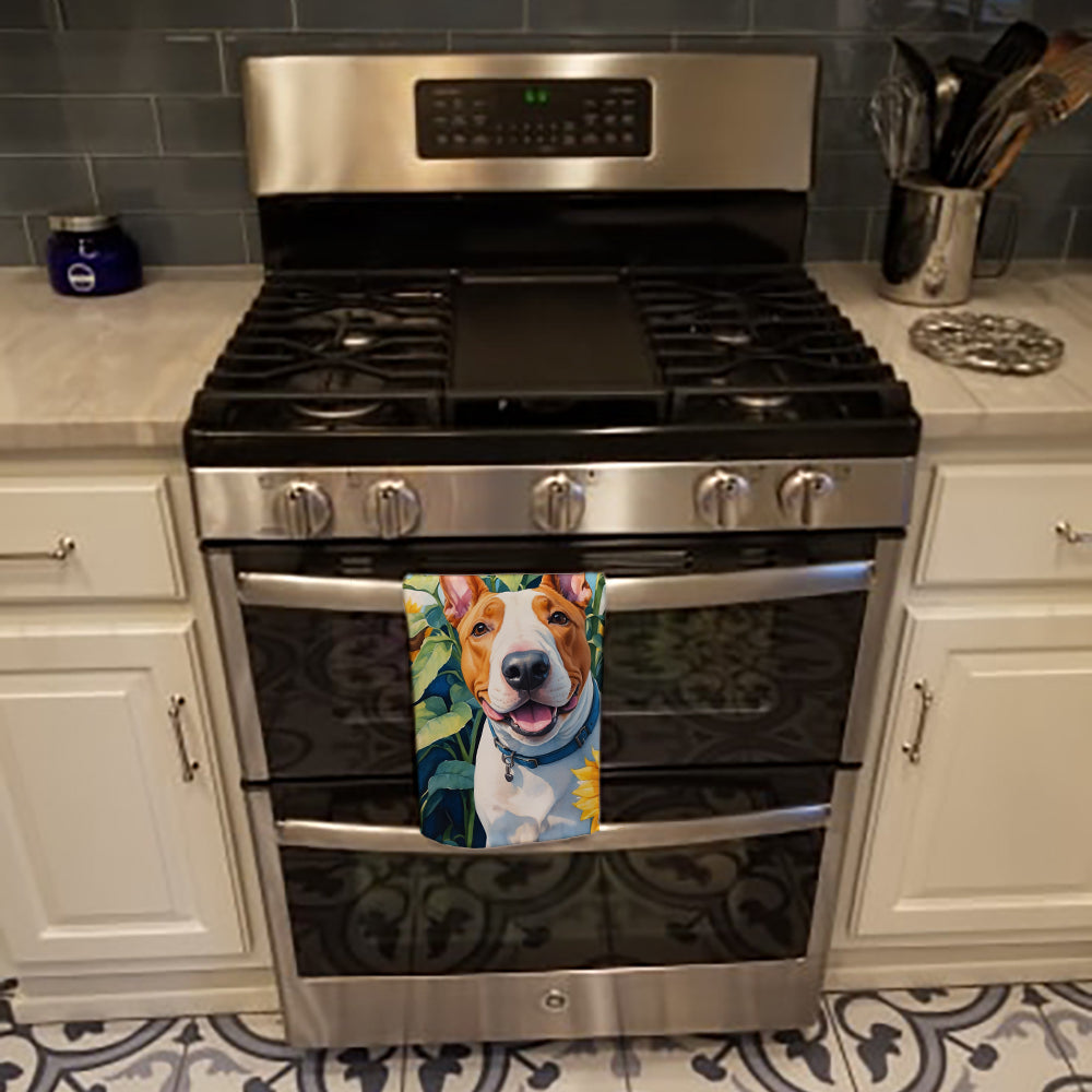 English Bull Terrier in Sunflowers Kitchen Towel Velour Plush Front and Cotton Loop Back Machine Washable