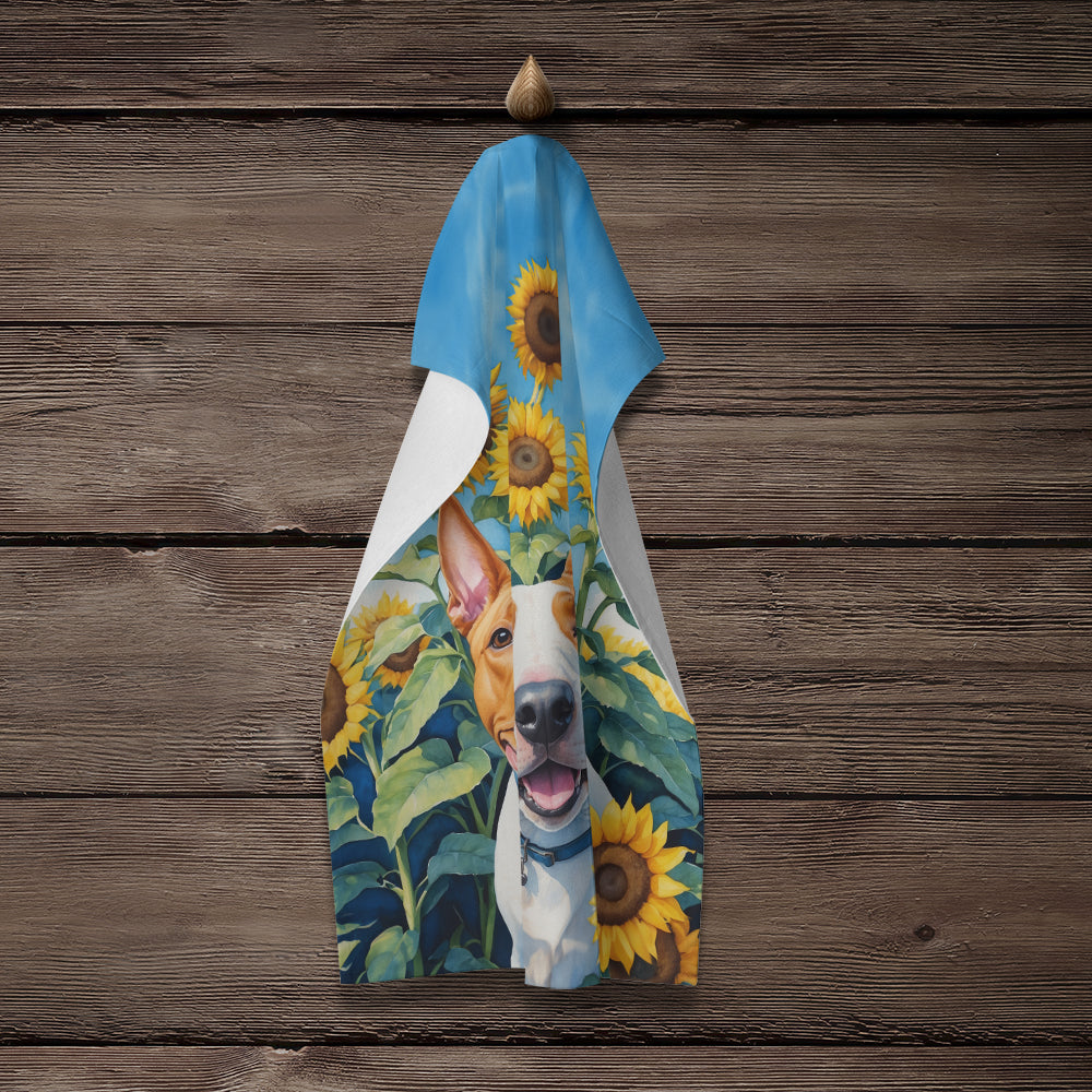 English Bull Terrier in Sunflowers Kitchen Towel Velour Plush Front and Cotton Loop Back Machine Washable