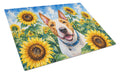 English Bull Terrier in Sunflowers Cutting Board Tempered Glass Kitchen Cutting Surface, Heat Resistant Chopping Board with Non-Slip Feet, Decorative Food Prep & Serving